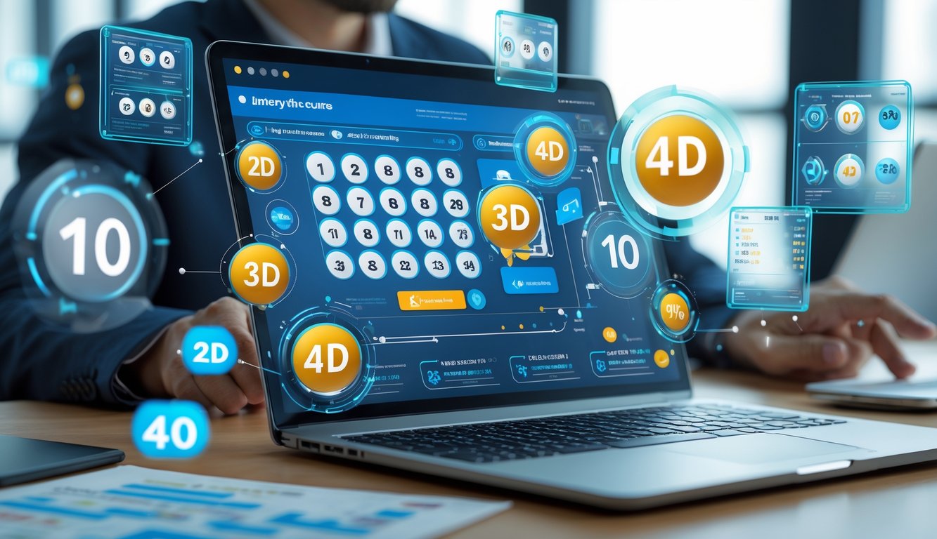 Seorang profesional sedang bekerja dengan laptop yang menampilkan antarmuka lotere digital dan layar holografik yang menunjukkan angka-angka lotere 2D, 3D, dan 4D.
