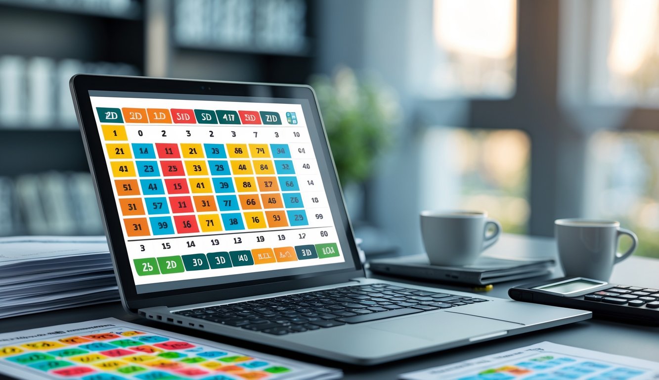 Meja kerja dengan laptop yang menampilkan grafik angka lotere, dokumen rapi, kalkulator, dan secangkir kopi di dalam ruangan dengan pencahayaan alami.