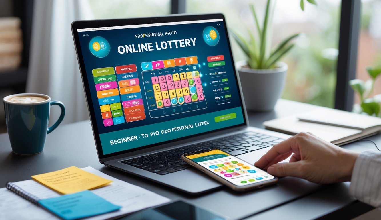 Meja kerja modern dengan laptop yang menampilkan antarmuka permainan togel online, smartphone, catatan, dan secangkir kopi di ruang kerja yang terang.