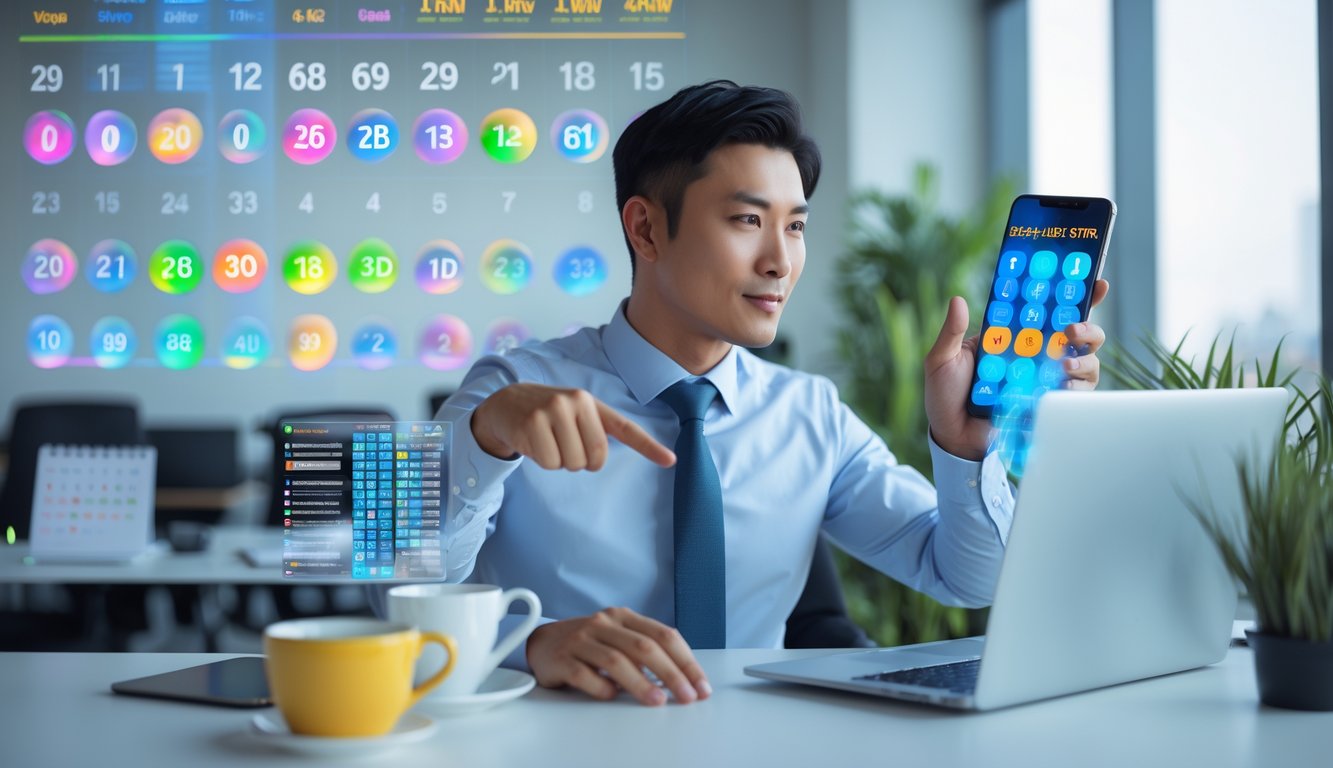 Seorang pria Asia berpakaian rapi duduk di meja kantor modern sambil melihat layar laptop dan menunjuk pada angka-angka yang terkait dengan togel online.