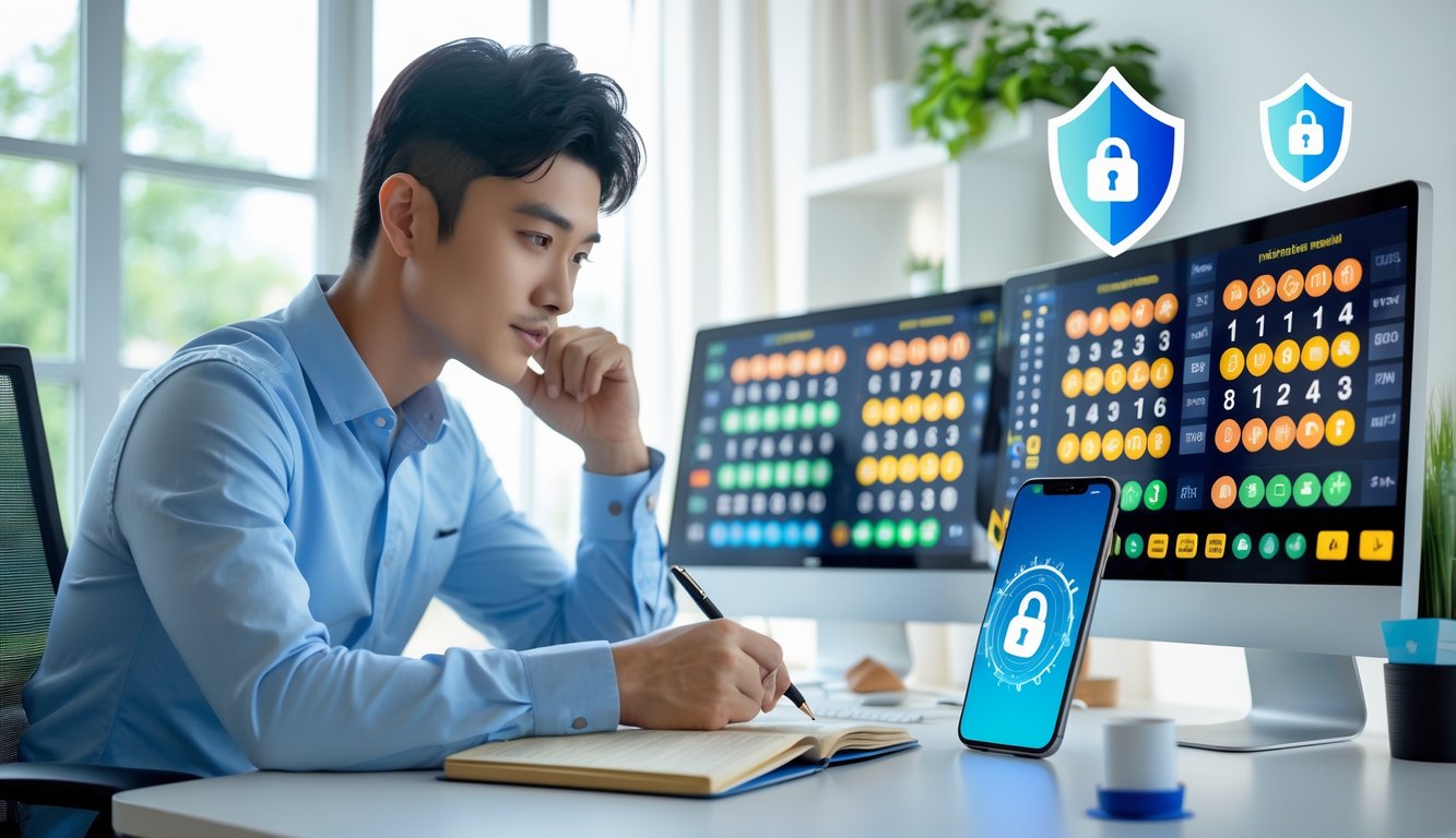 Seorang pria muda sedang duduk di meja dengan beberapa perangkat digital yang menampilkan angka togel, tampak fokus dan serius dalam menganalisis data.