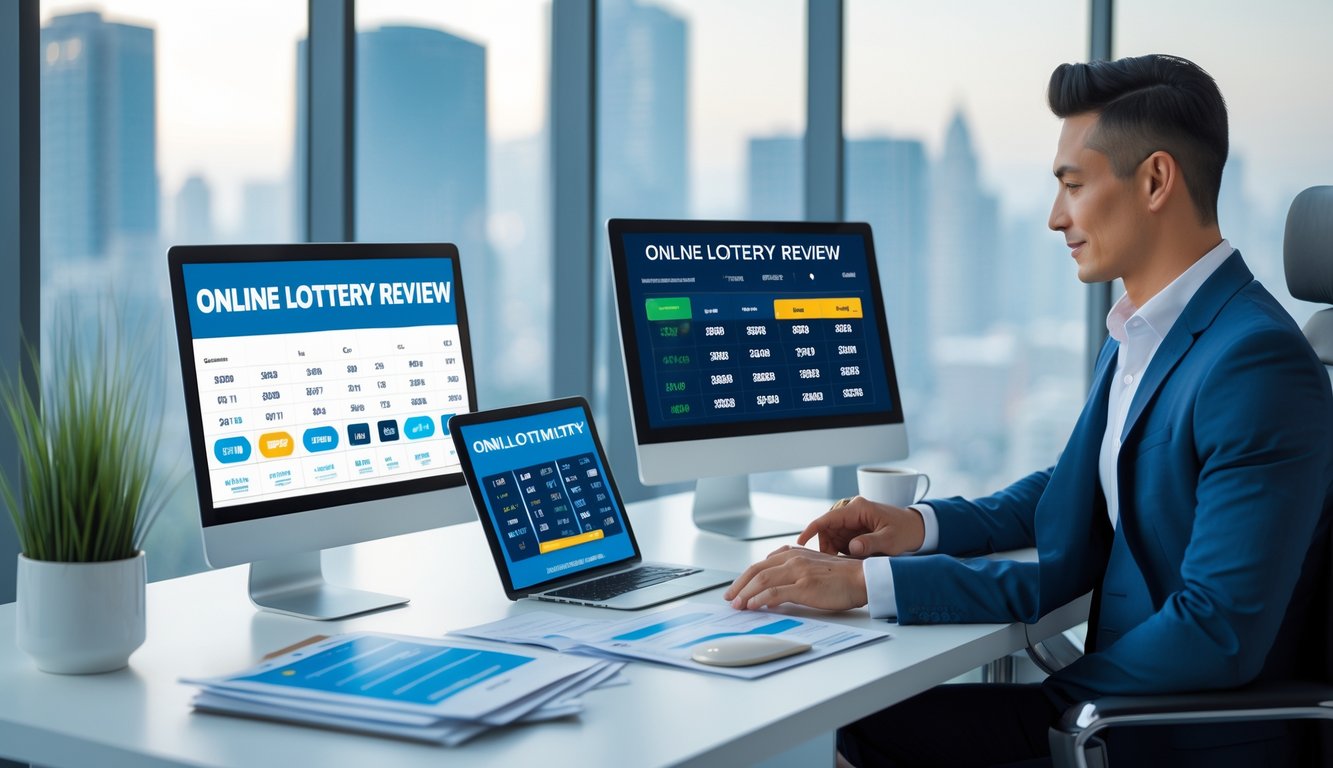 Seorang profesional di kantor modern sedang bekerja dengan laptop dan tablet, meninjau data terkait permainan togel online populer.