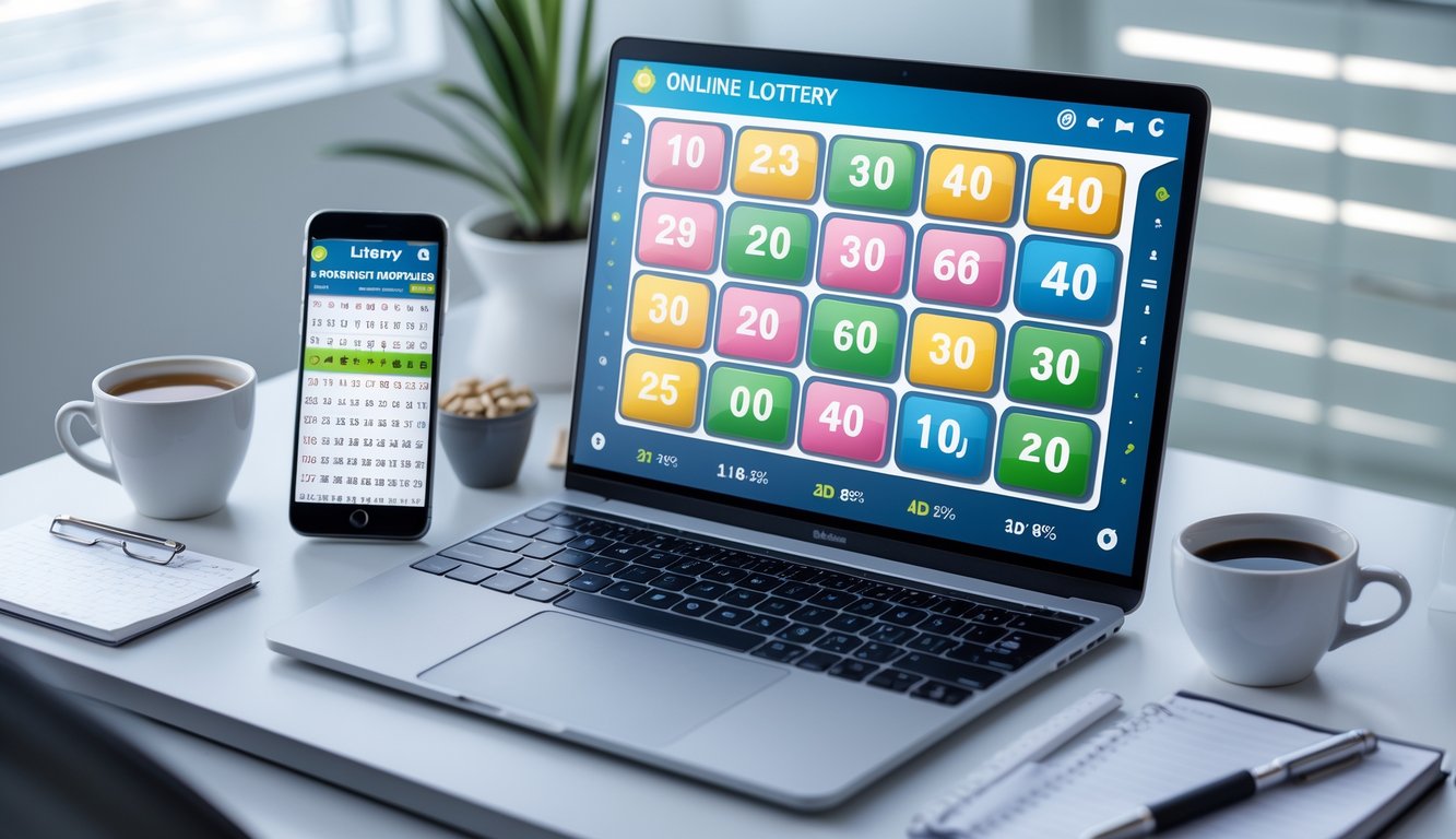 Meja kerja dengan laptop yang menampilkan antarmuka tiket lotere online, ponsel, kopi, dan buku catatan di ruangan terang.