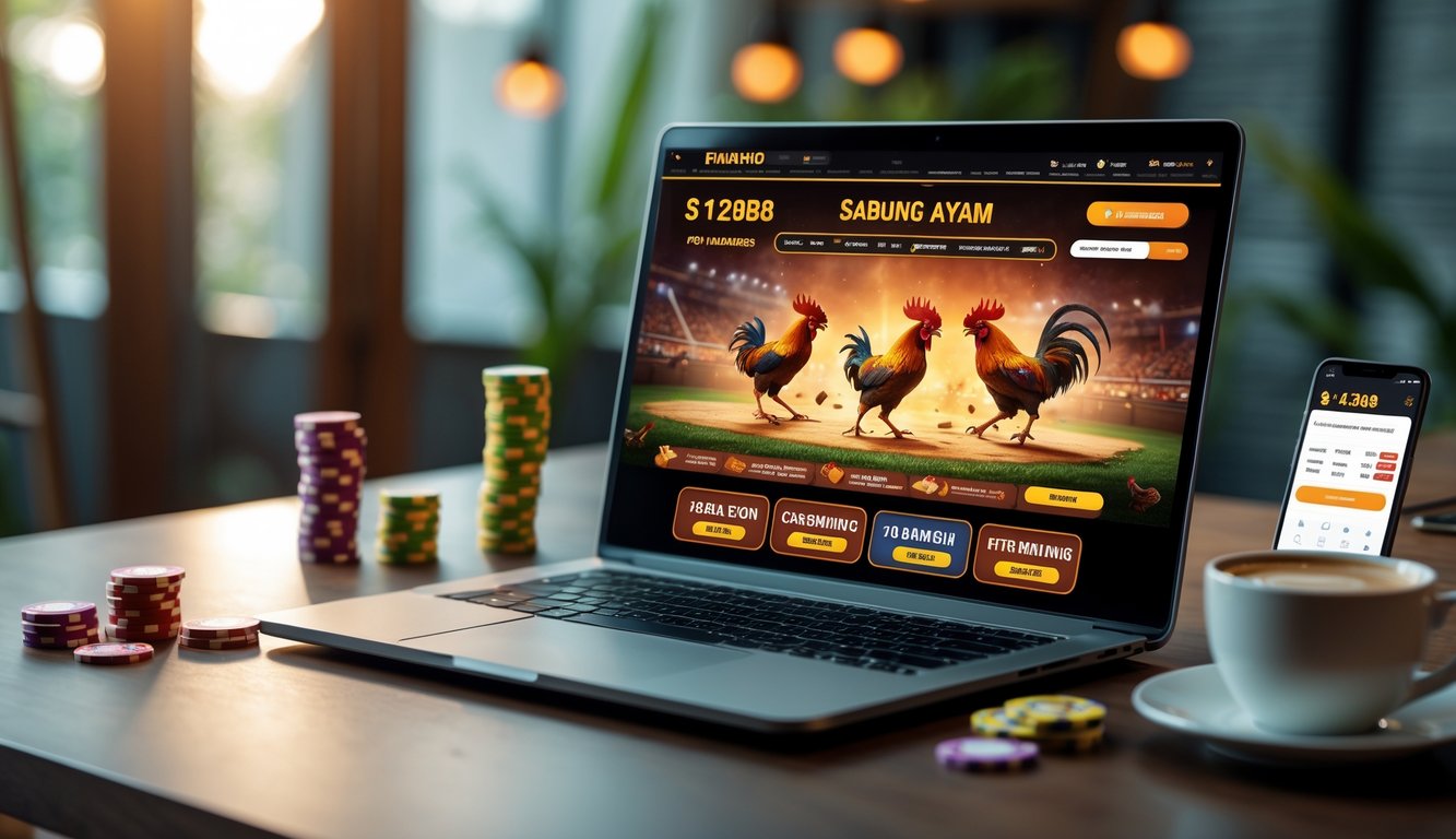 Seorang pengguna sedang menggunakan laptop dengan tampilan permainan sabung ayam online di layar, dikelilingi oleh chip taruhan dan ponsel di atas meja.