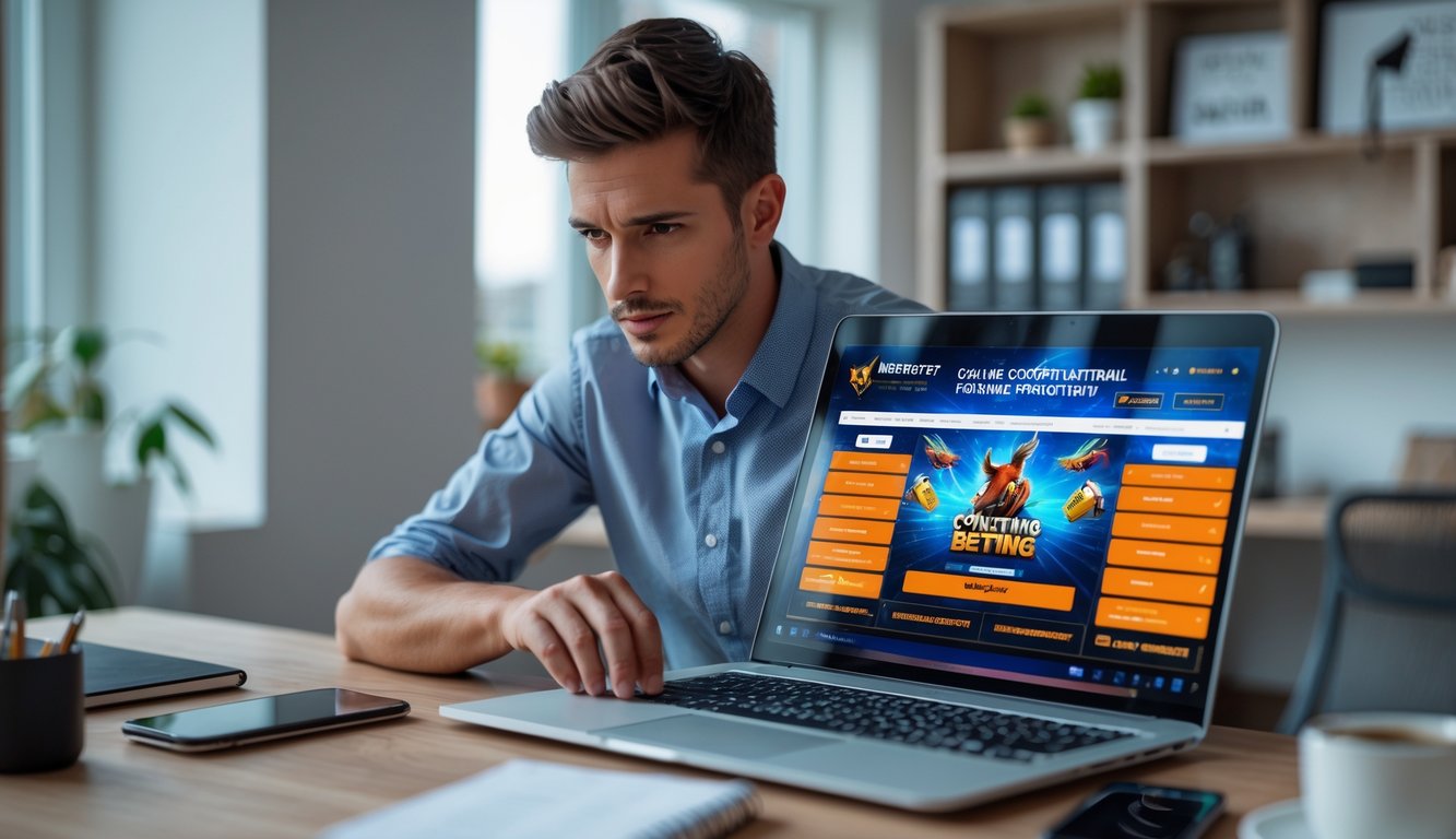 Seorang pria muda sedang fokus menggunakan laptop di meja kerja dengan suasana ruang kerja yang rapi dan terang.