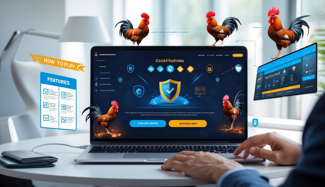 Seorang profesional sedang menggunakan laptop di meja kerja dengan tampilan situs web yang aman dan elemen gambar ayam aduan di latar belakang.