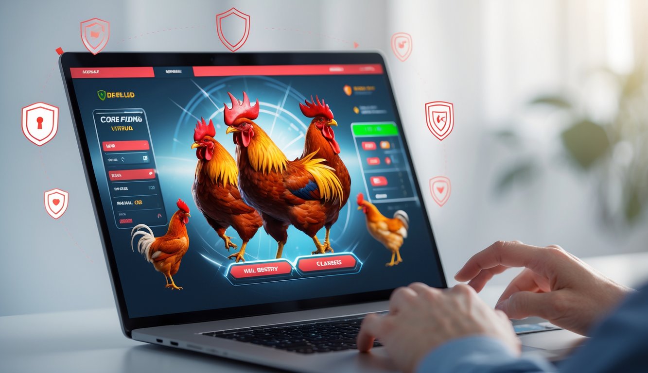 Sebuah layar komputer menampilkan antarmuka permainan sabung ayam online dengan ikon keamanan di sekitarnya.