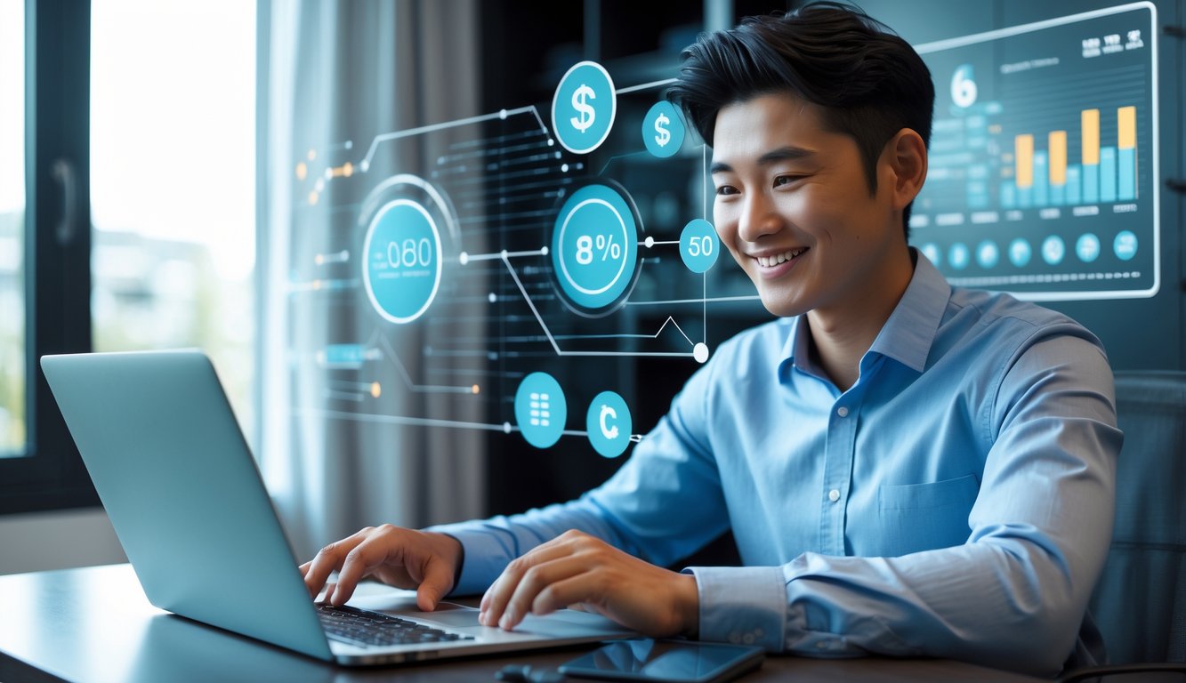 Seorang pria muda menggunakan laptop dan ponsel di ruang kerja rumah yang terang, terlihat sedang melakukan transaksi online dengan ekspresi percaya diri dan senang.