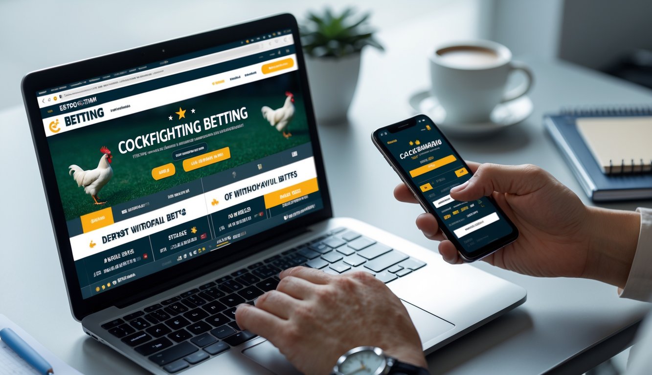 Seorang pengguna berinteraksi dengan laptop dan ponsel yang menampilkan situs taruhan sabung ayam di meja kerja yang rapi.