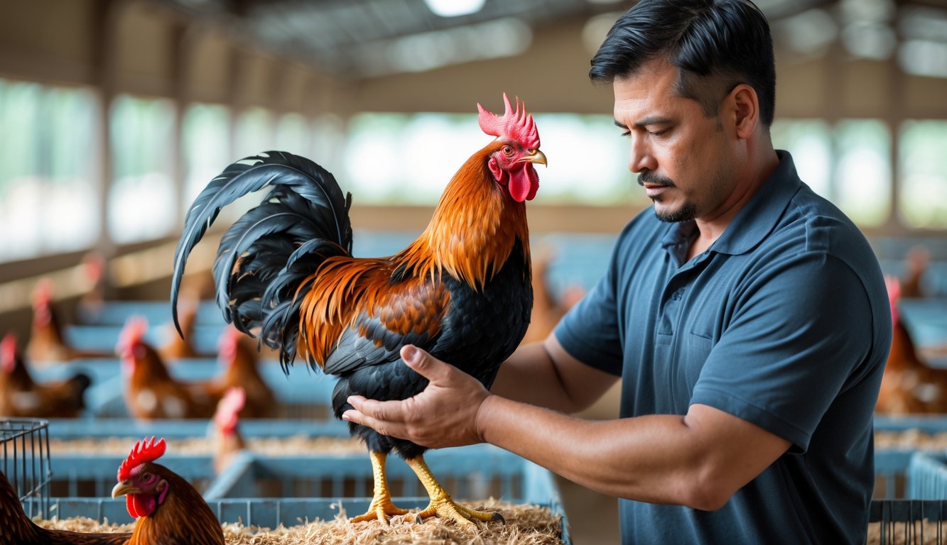 Seorang pria sedang memeriksa ayam aduan yang sehat dan kuat di lingkungan peternakan ayam.