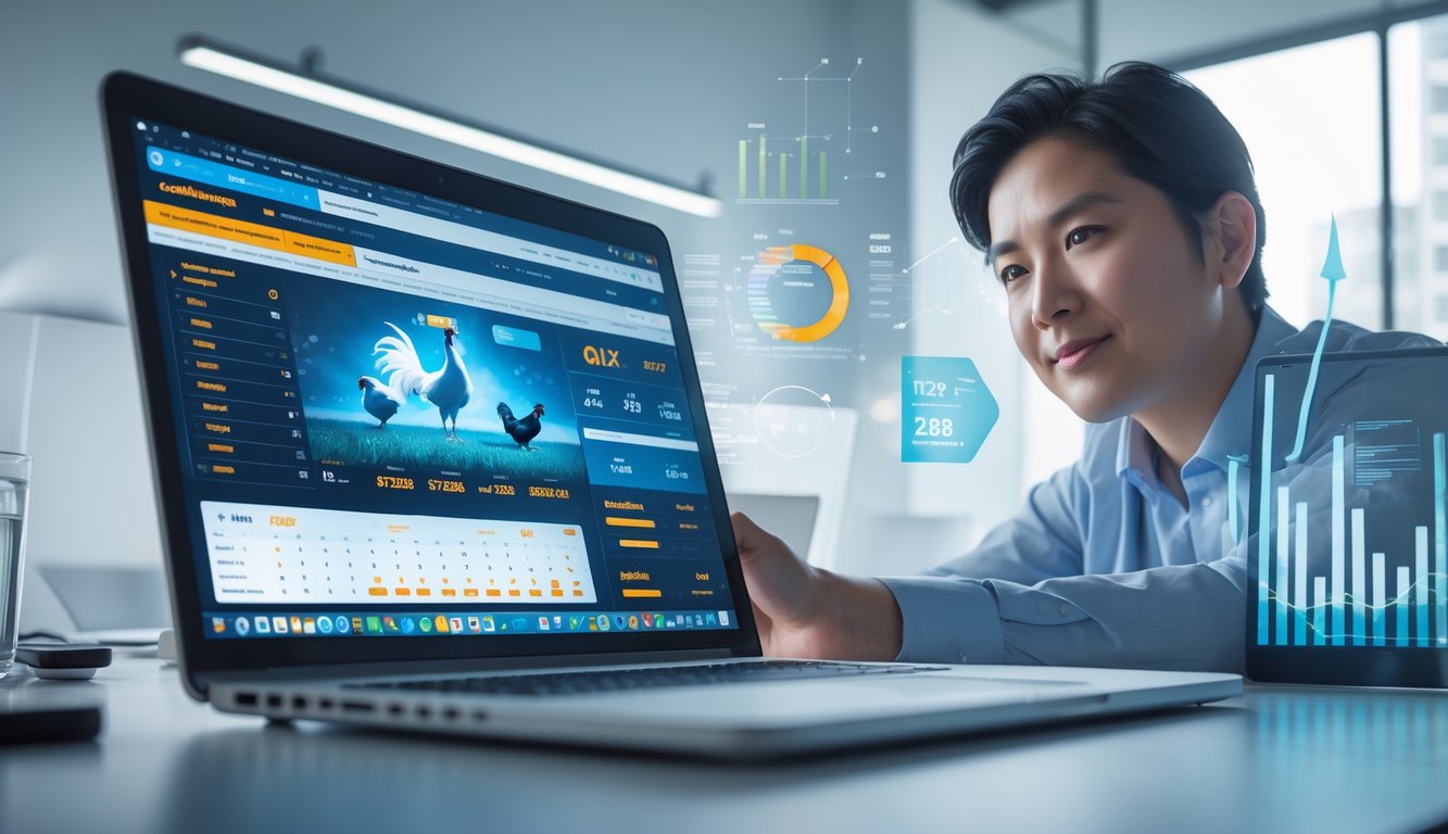 Seorang pria sedang menggunakan laptop dengan tampilan platform taruhan sabung ayam di meja kerja yang rapi.