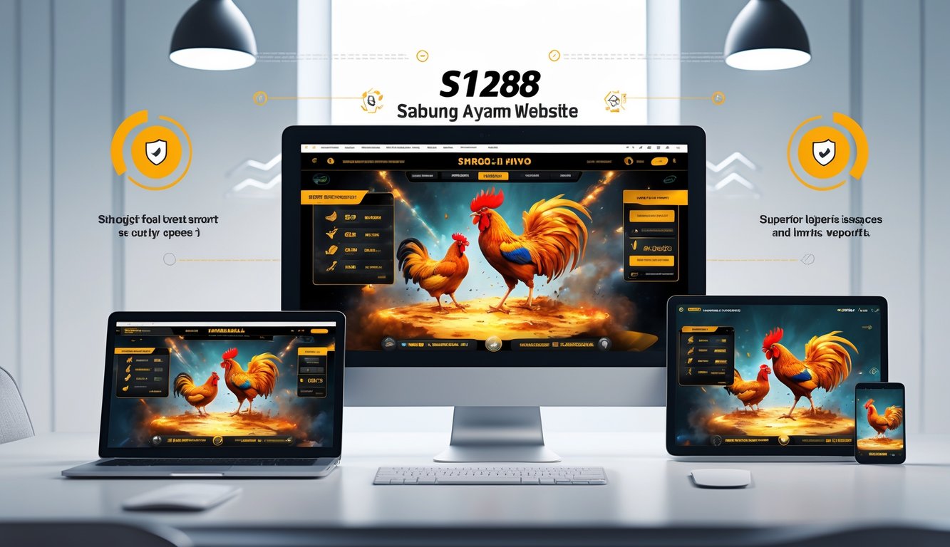 Meja kerja modern dengan laptop, tablet, dan ponsel yang menampilkan grafik pertandingan sabung ayam yang hidup dan penuh warna.