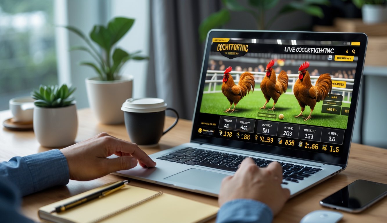 Seseorang duduk di meja dengan laptop yang menampilkan arena sabung ayam virtual dalam suasana belajar online.
