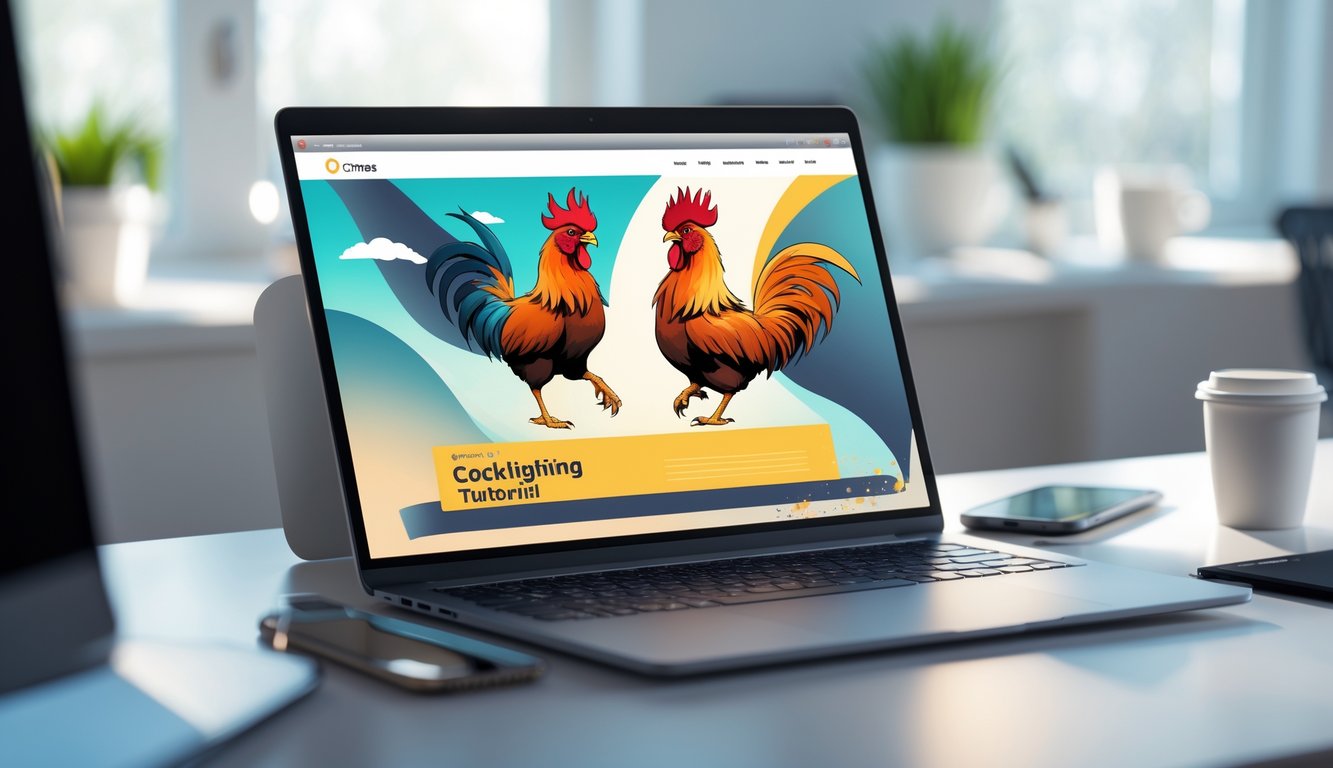 Seorang pengguna duduk di depan komputer yang menampilkan ilustrasi dua ayam aduan di layar, dengan meja kerja yang rapi dan beberapa alat tulis di sekitarnya.