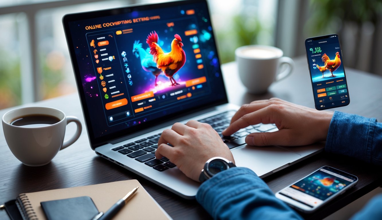 Seseorang menggunakan laptop dengan tampilan permainan sabung ayam online di meja kerja yang rapi dengan kopi dan alat tulis.