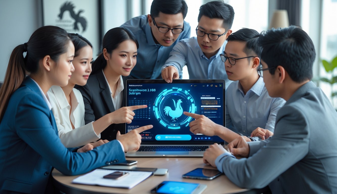 Sekelompok orang dewasa sedang berdiskusi serius di sekitar laptop di dalam ruangan, fokus mempelajari strategi bermain Sabung Ayam S1288.
