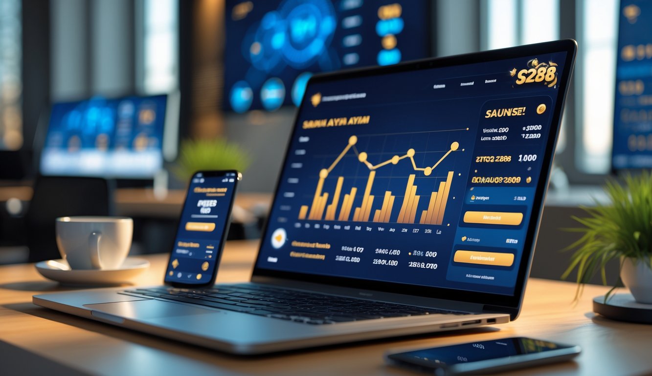 Meja kerja modern dengan laptop, ponsel, dan cangkir kopi, menampilkan grafik pertumbuhan dan notifikasi promosi.