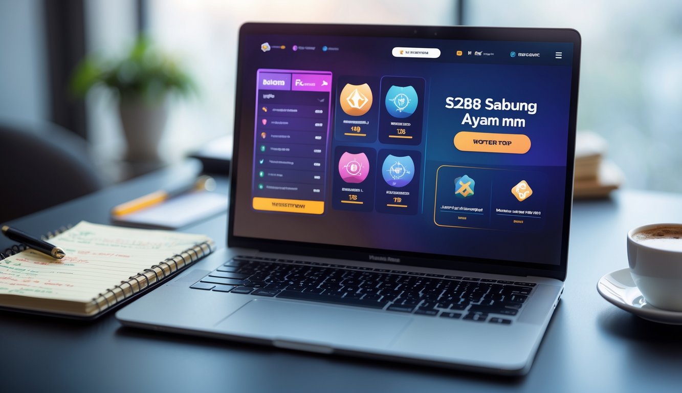 Meja kerja dengan laptop yang menampilkan dashboard bonus dan promosi, dengan catatan dan kopi di sampingnya.