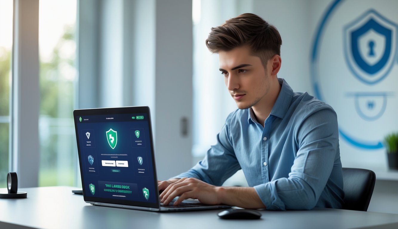 Seorang pria muda duduk di meja modern sambil fokus melihat layar laptop di ruangan yang terang dan rapi.