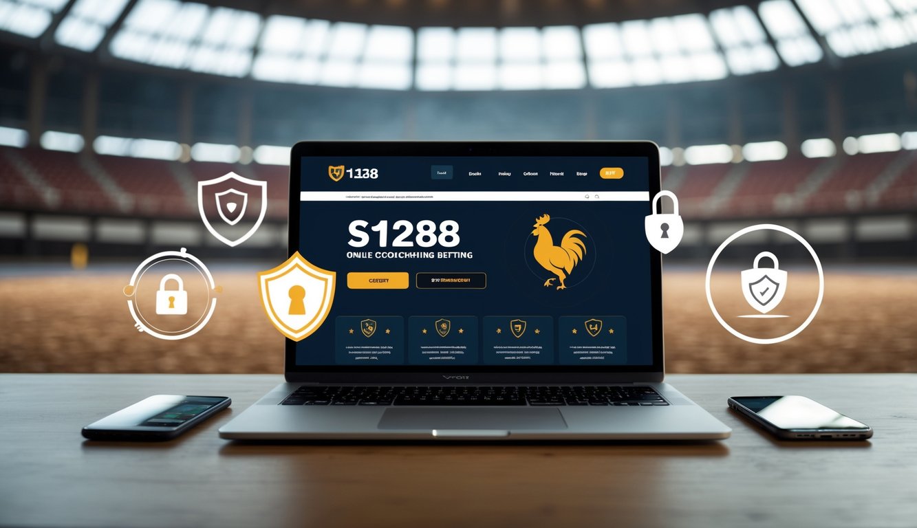 Seorang pengguna di depan laptop dengan tampilan situs taruhan sabung ayam yang aman dan terpercaya, dengan latar belakang arena sabung ayam tradisional.