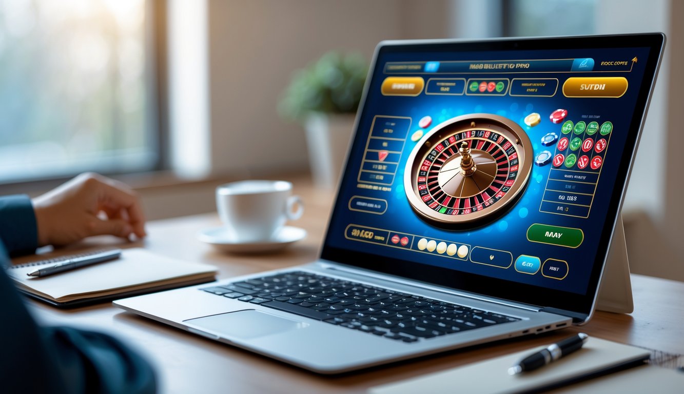 Seorang pengguna sedang bermain roulette online di depan komputer dengan tampilan roda roulette dan chip digital di layar.