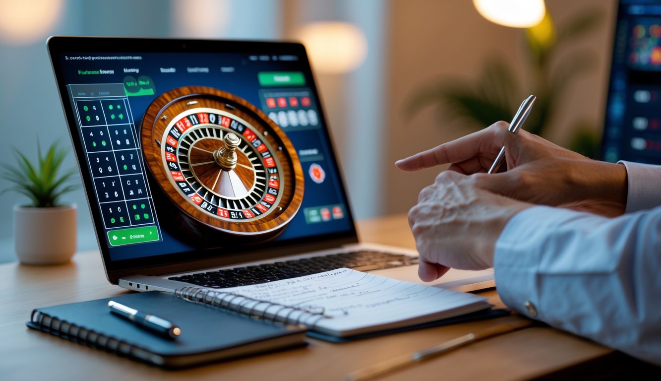 Seseorang menunjuk layar laptop yang menampilkan roda roulette, dengan buku catatan dan pena di meja di ruang kerja yang nyaman.