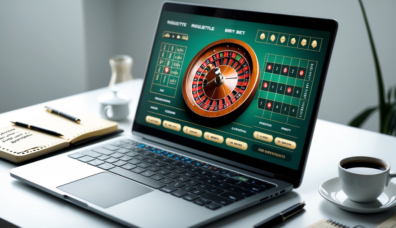 Seorang pemain sedang menggunakan komputer dengan tampilan roda roulette digital dan meja taruhan online, di meja terdapat buku catatan dan pena.