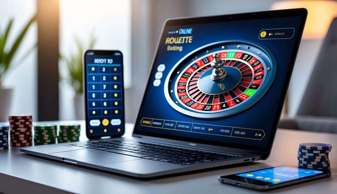 Seorang pemain menggunakan komputer dengan tampilan roda roulette online dan chip taruhan di meja yang rapi.