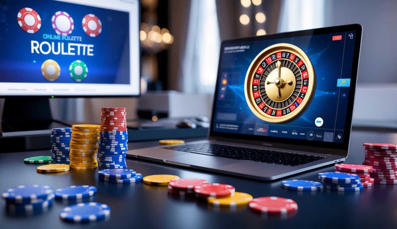 Sebuah meja kerja dengan komputer menampilkan roda roulette digital dan chip roulette berwarna-warni di sekitarnya.