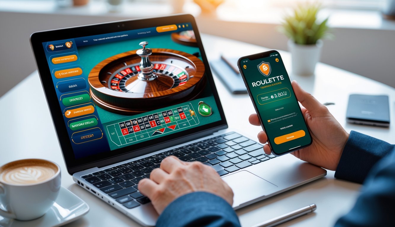 Seorang pengguna sedang bermain roulette online di laptop dan memegang ponsel dengan aplikasi taruhan yang aman di meja kerja yang rapi.