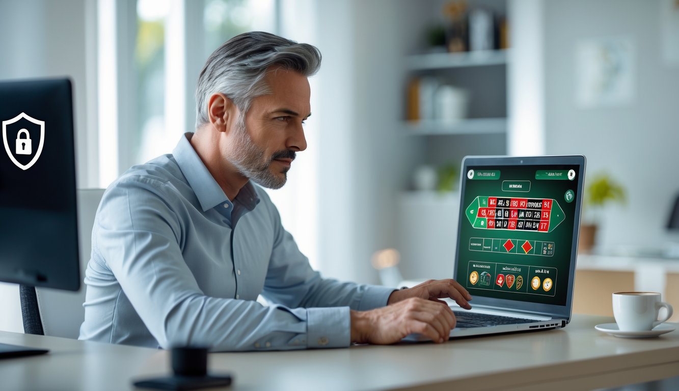 Seorang pria dewasa duduk di meja dengan laptop yang menampilkan permainan roulette online, di ruang kerja yang rapi dan terang.