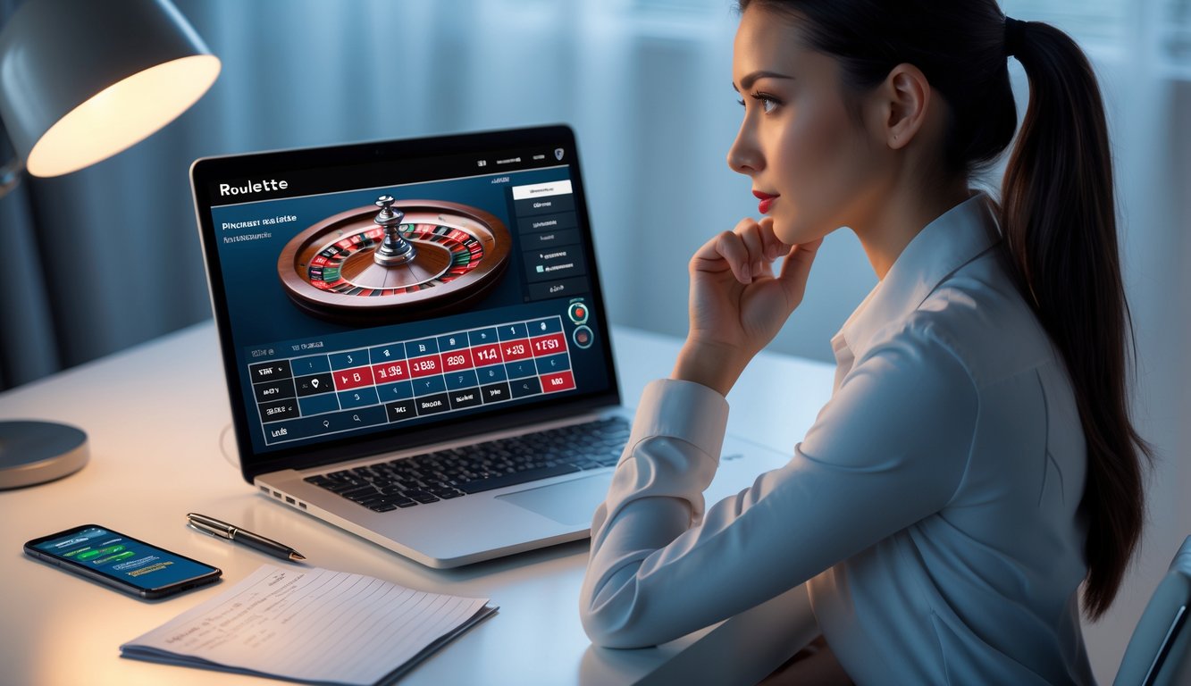 Seorang wanita muda duduk di depan laptop yang menampilkan permainan roulette online, tampak fokus dan menganalisis layar dengan catatan dan ponsel di mejanya.