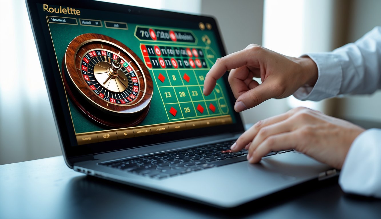 Seseorang sedang bermain roulette online di komputer dengan tampilan roda roulette digital dan meja taruhan.