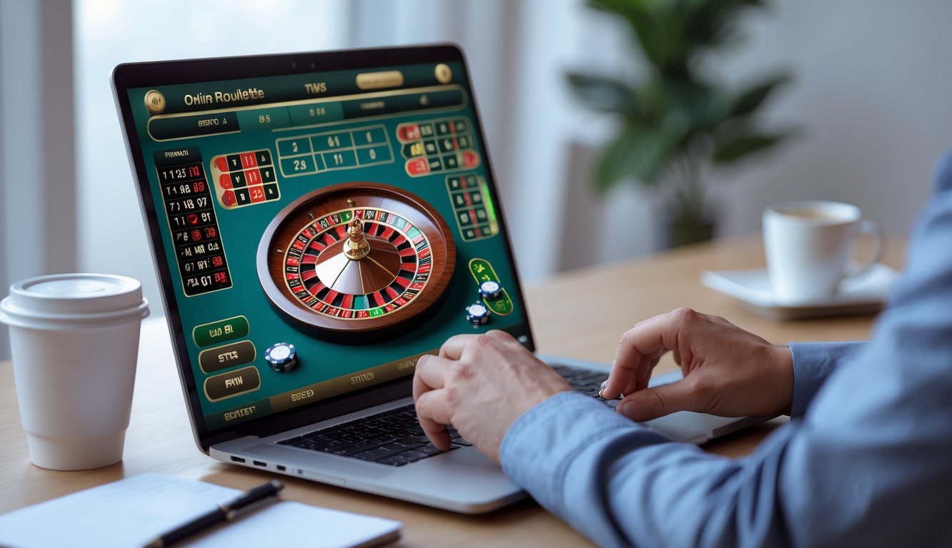 Seseorang menggunakan komputer dengan tampilan roda roulette dan pilihan taruhan di layar, di meja terdapat cangkir kopi dan alat tulis.