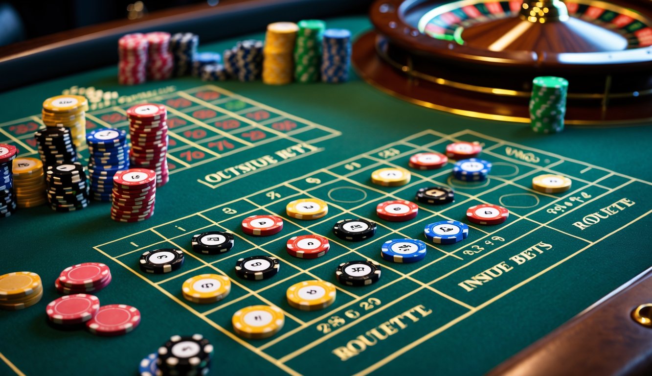 Meja roulette dengan taruhan luar dan dalam yang berbeda, menampilkan chip berwarna di atas tata letak taruhan hijau dan roda roulette di latar belakang.