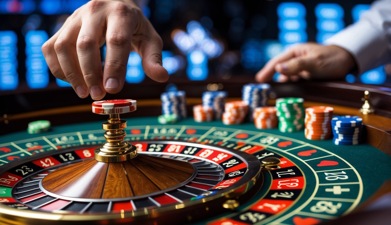 Tangan sedang meletakkan chip di meja roulette dengan fokus pada area taruhan luar dan dalam di lingkungan kasino online.