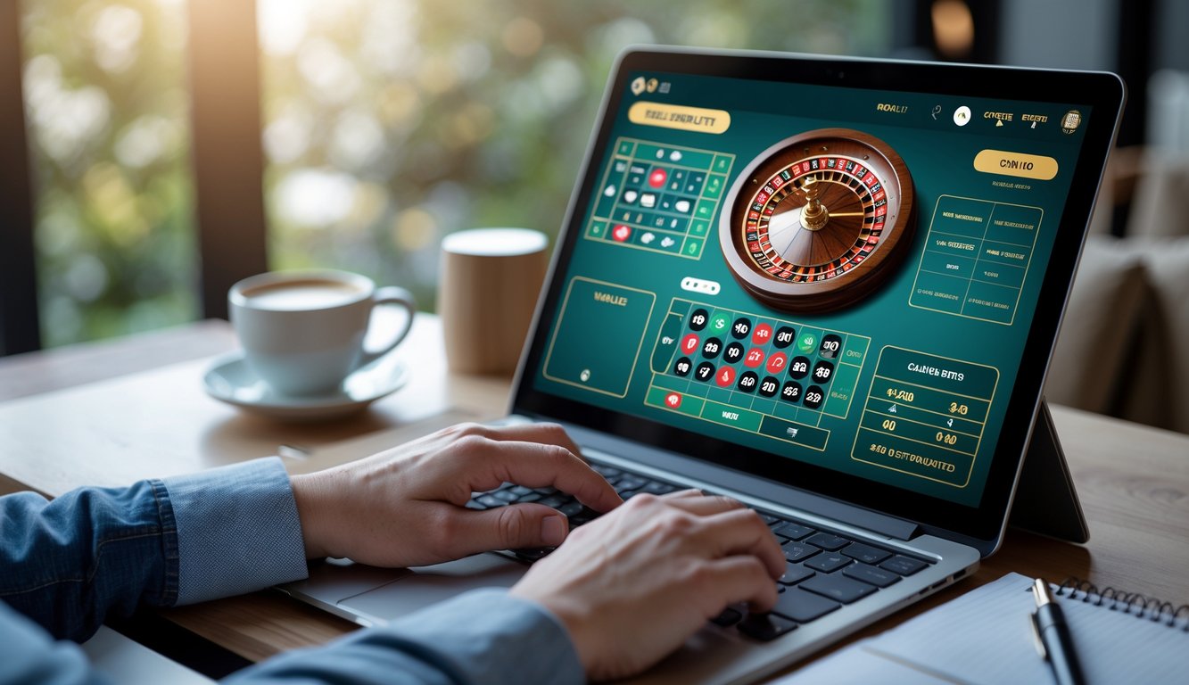 Tampilan layar komputer dengan permainan roulette online yang ramah pemula, di meja kerja dengan cangkir kopi dan buku catatan.