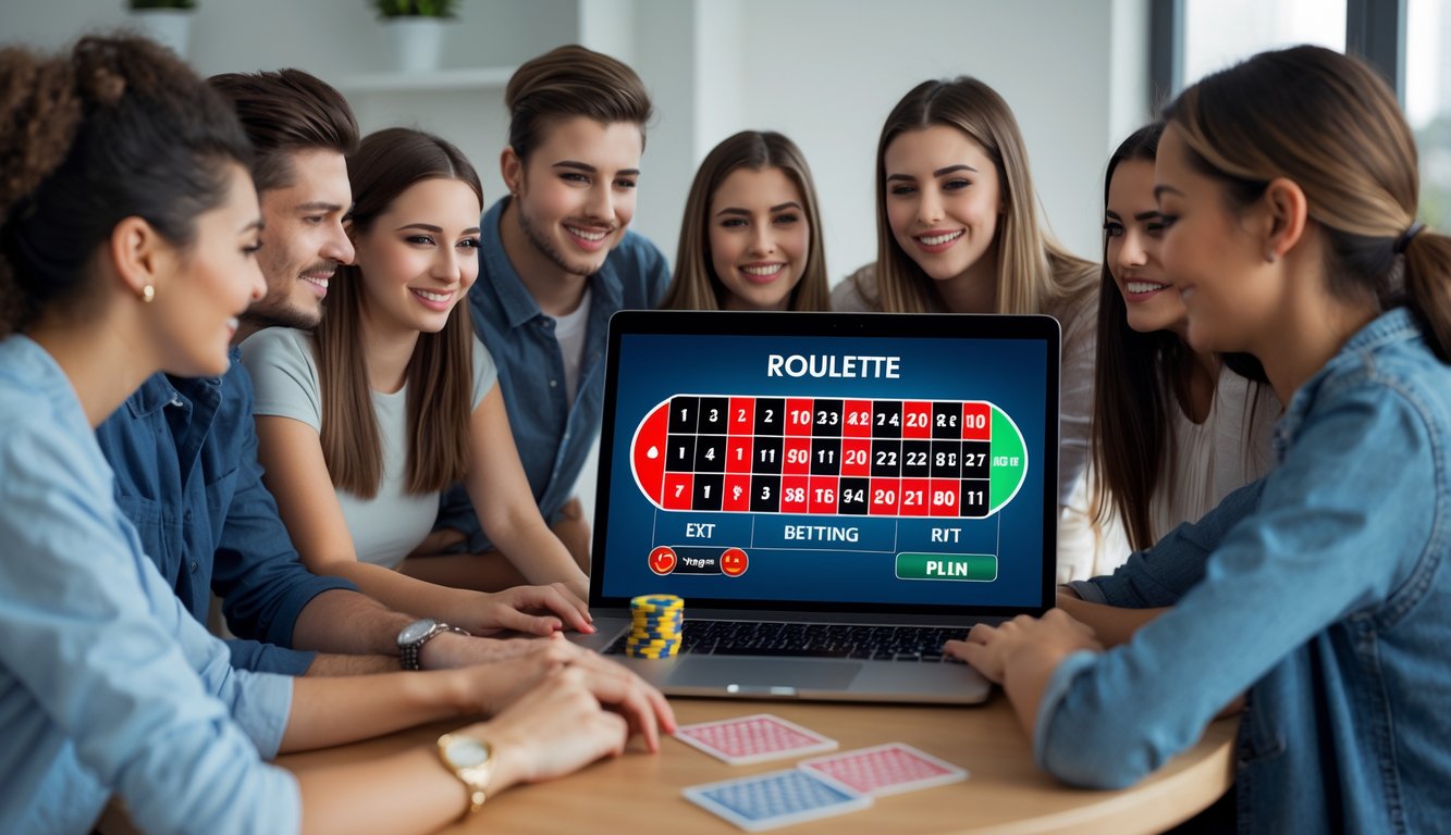 Sekelompok orang muda berkumpul di sekitar laptop yang menampilkan permainan roulette online dengan suasana ramah dan santai.