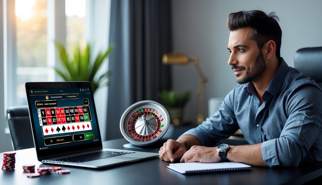 Seorang pria duduk di meja dengan laptop yang menampilkan permainan roulette online, terlihat fokus dan sedang merencanakan strategi taruhan.