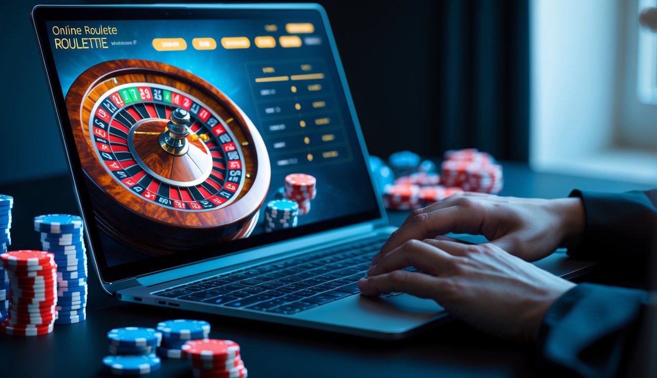 Seorang pria menggunakan laptop dengan tampilan roda roulette online dan chip taruhan di meja.