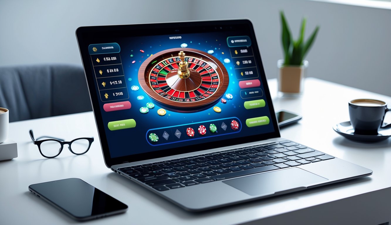 Seseorang menggunakan laptop dengan tampilan roda roulette online dan opsi taruhan, di atas meja kerja yang rapi dengan cangkir kopi dan kacamata.