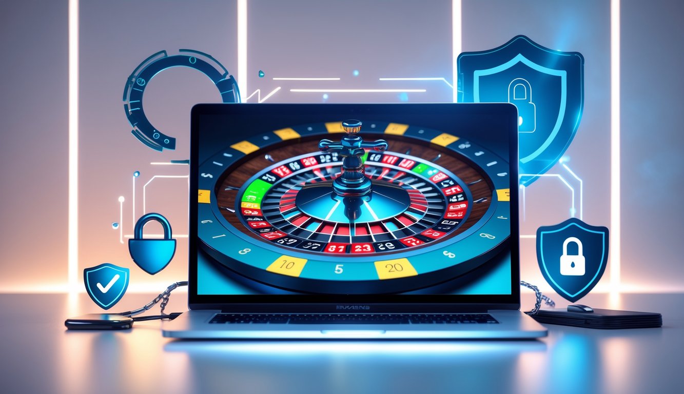 Sebuah komputer dengan layar menampilkan roda roulette digital yang berwarna-warni dan simbol keamanan seperti gembok digital dan perisai di sekitarnya.