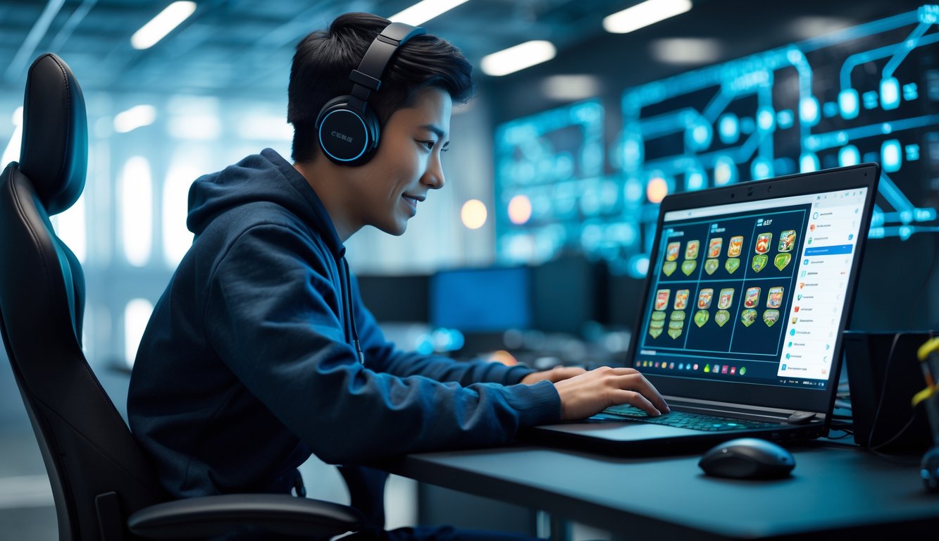 Seorang pemain sedang fokus bermain permainan kartu online di laptop dengan latar belakang ruangan modern dan grafik data digital yang menunjukkan koneksi internet stabil.