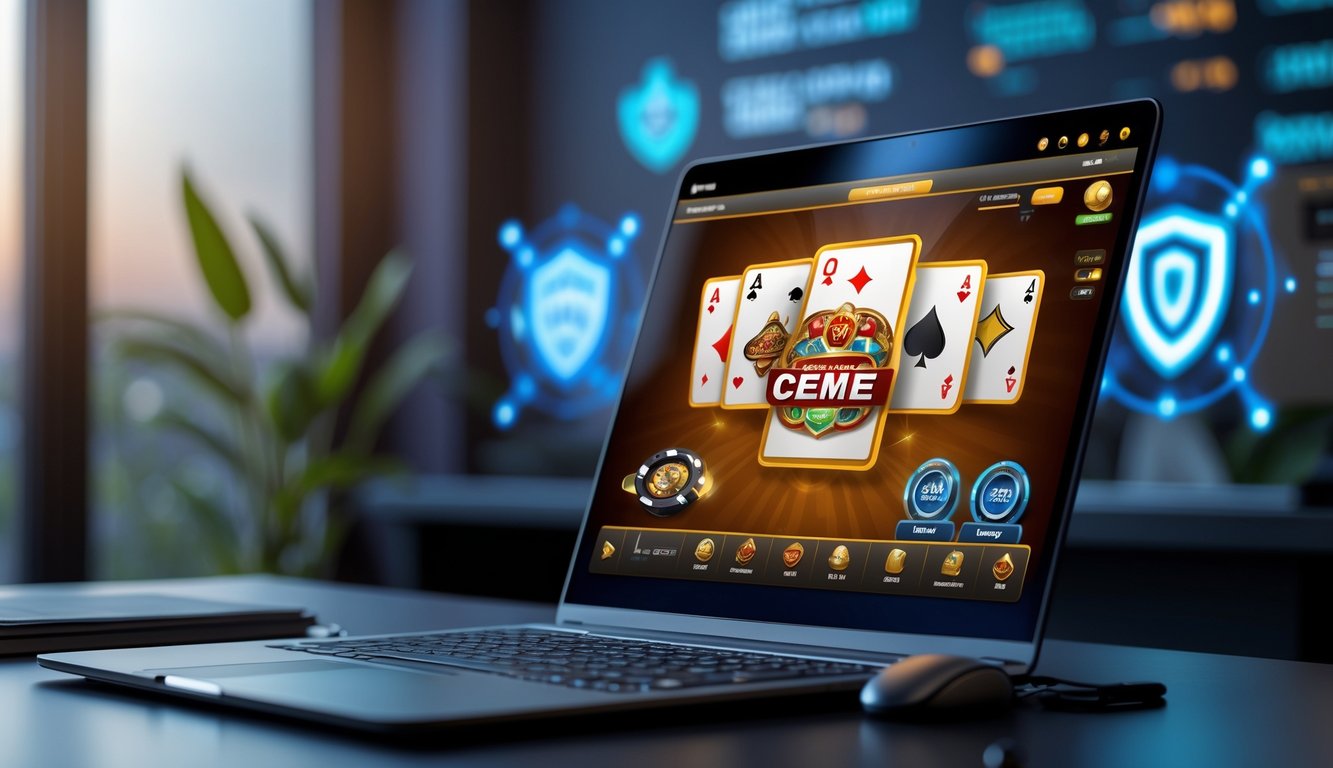 Seseorang menggunakan komputer dengan tampilan permainan kartu Ceme online yang aman dan lancar di sebuah ruangan yang terang dan rapi.