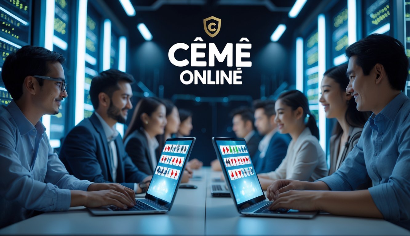 Beberapa orang bermain permainan kartu online di meja dengan perangkat digital dalam suasana yang aman dan nyaman.