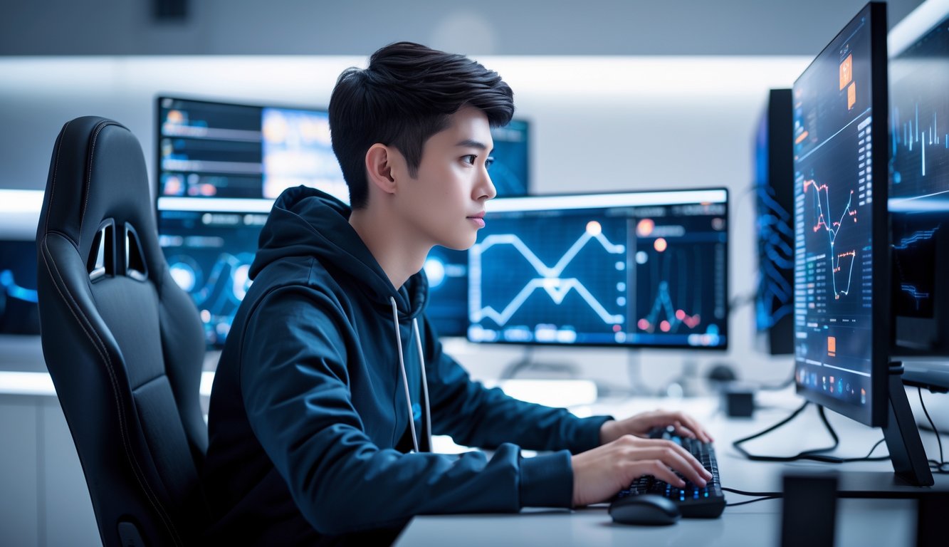 Seorang gamer muda fokus di depan beberapa layar komputer dengan tampilan permainan online dan grafik data, di ruang kerja modern dengan latar belakang server teknologi tinggi.