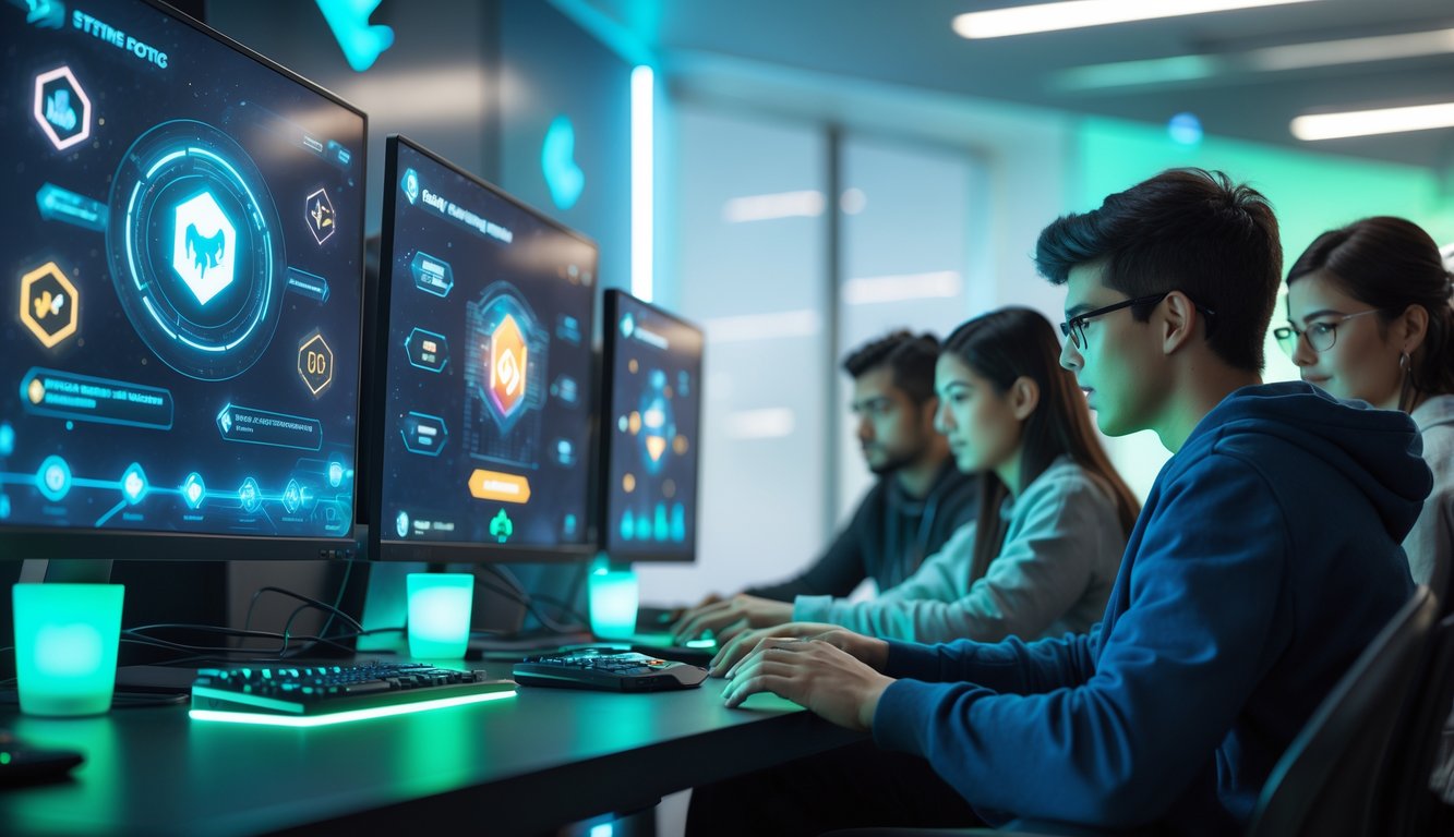 Sekelompok orang muda sedang bermain game kartu online di depan komputer dengan layar yang menampilkan grafik dan antarmuka game.