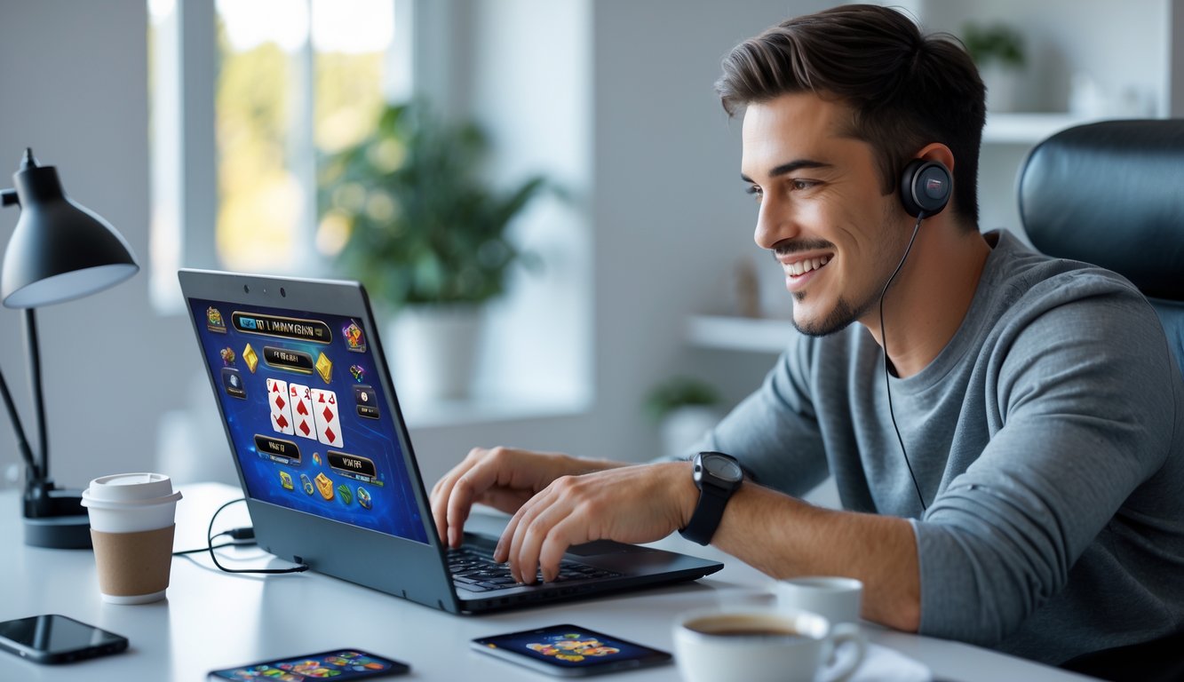 Seorang pria muda duduk di meja dengan laptop, bermain permainan kartu online dengan ekspresi fokus dan percaya diri.