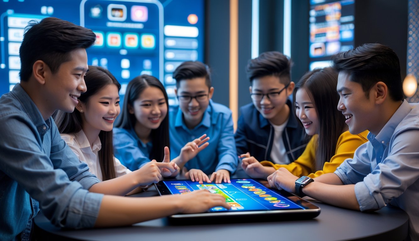 Sekelompok orang muda bermain permainan kartu Ceme secara online menggunakan tablet di ruangan yang terang dan modern.