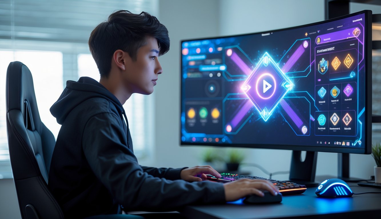 Seorang dewasa muda sedang fokus bermain game kartu online di depan komputer di ruang kerja modern yang terang dan rapi.